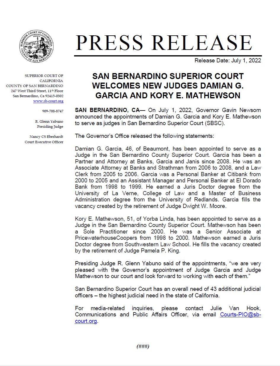 PRESS RELEASE_SBSCWelcomesNewJudgesDamianG.GarciaandKoryE.Mathewson